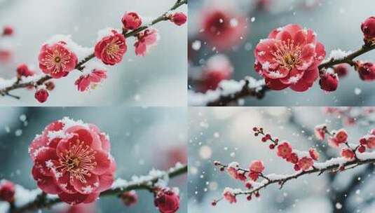 雪中盛开的红色梅花高清在线视频素材下载