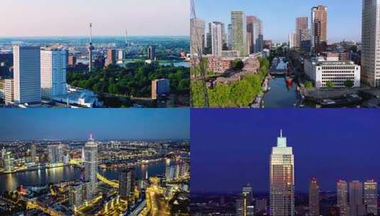 荷兰鹿特丹标志性建筑城市高楼夜景航拍高清在线视频素材下载