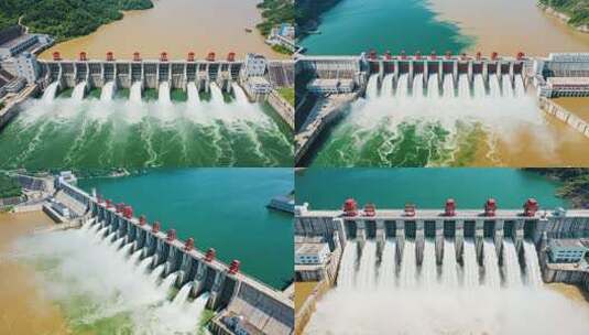 大坝开闸放水鸟瞰景象高清在线视频素材下载