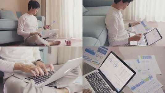 居家男子使用笔记本电脑和手机查看财务报表高清在线视频素材下载