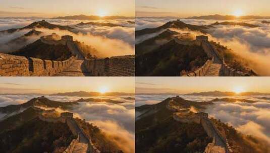 航拍长城云海日出壮丽山河风光视频高清在线视频素材下载