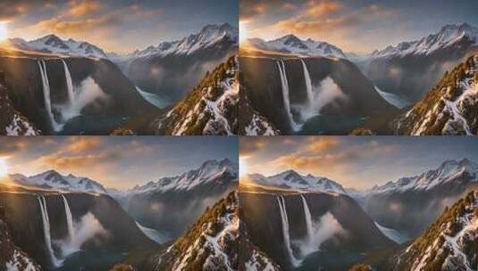 雪山瀑布壮丽自然景观高清在线视频素材下载