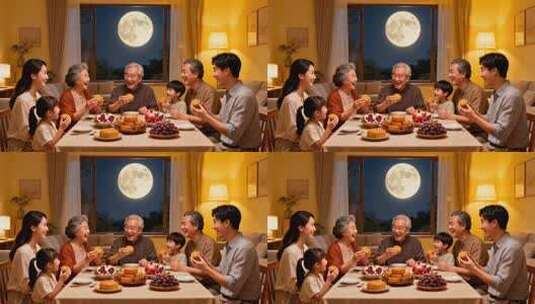 一家人中秋夜团聚吃月饼高清在线视频素材下载