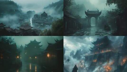 古风场景中的神秘建筑与人物高清在线视频素材下载