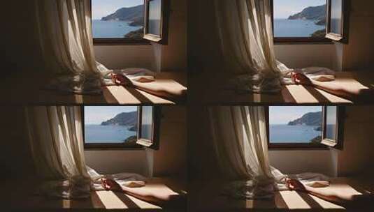 窗边床上手臂与海景画面高清在线视频素材下载