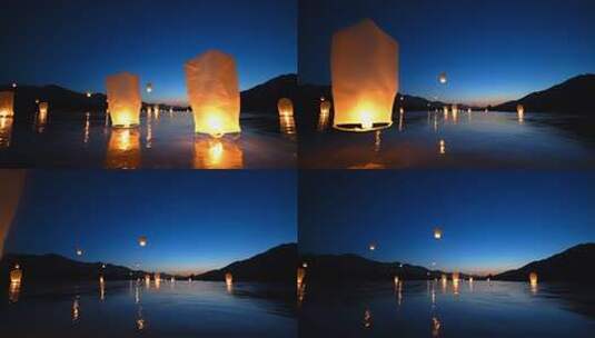 夜晚水面放飞孔明灯场景高清在线视频素材下载