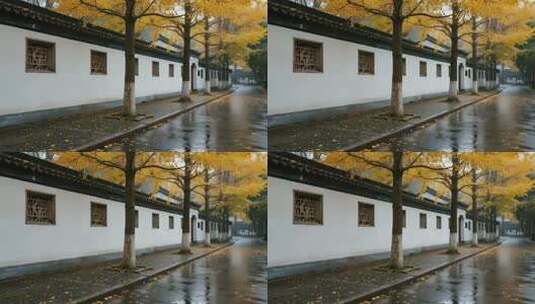 秋日古建筑旁银杏街道景象高清在线视频素材下载