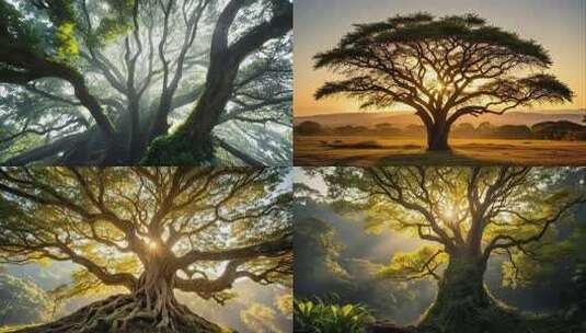 参天大树阳光下的古树森林参天古树的光影高清在线视频素材下载