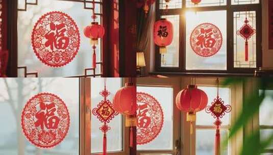 窗户上的福字剪纸与红灯笼高清在线视频素材下载