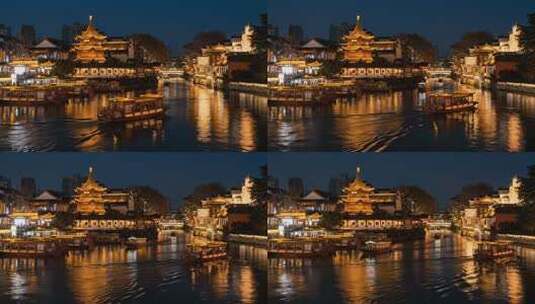 南京夫子庙秦淮河夜景繁华古风视频高清在线视频素材下载