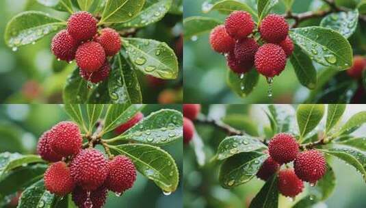 枝头带水珠的新鲜杨梅高清在线视频素材下载