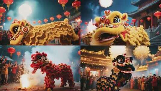 中国传统舞狮表演灯光晚会场景高清在线视频素材下载