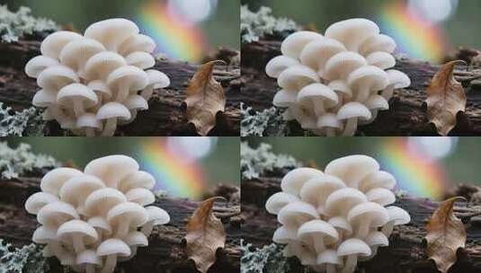 生长在木头上的白色蘑菇特写高清在线视频素材下载