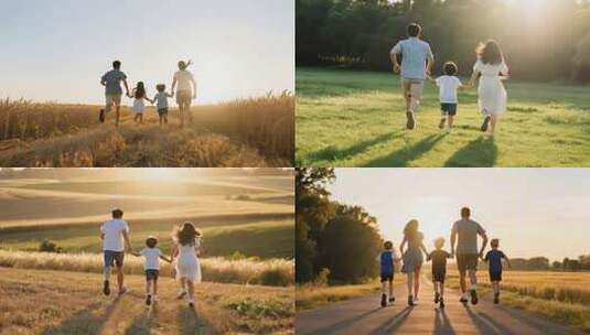 一家人户外夕阳下奔跑素材高清在线视频素材下载