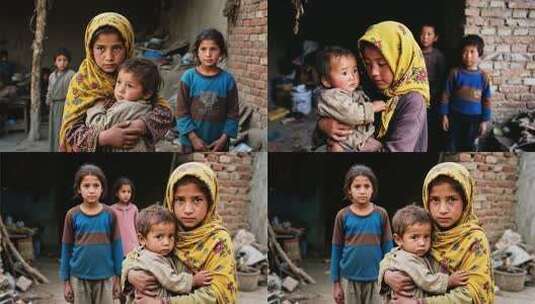 怀抱幼儿的女孩与其他孩子高清在线视频素材下载