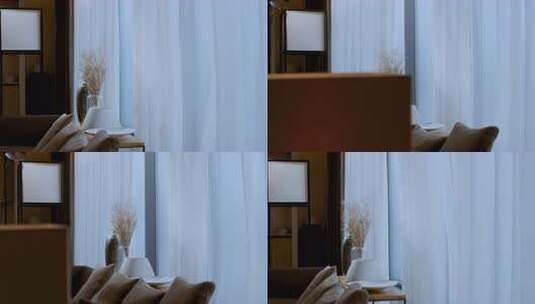 室内设计室内温馨场景，木质家具与窗帘高清在线视频素材下载