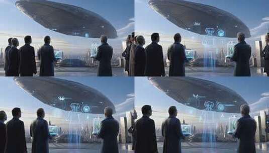 人群眺望未来城市上空的飞船高清在线视频素材下载