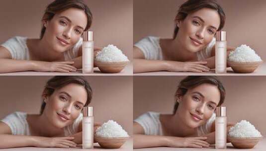 优雅女性展示护肤品盐的纯净之美高清在线视频素材下载