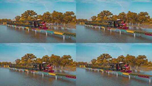 额济纳胡杨林小火车内蒙古风景秋天胡杨高清在线视频素材下载