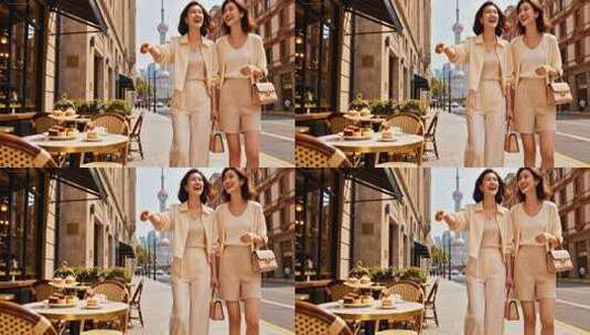 上海街头两位女士漫步交谈高清在线视频素材下载