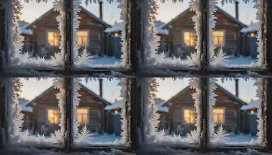 冬天木屋窗户冰花温馨唯美意境视频高清在线视频素材下载