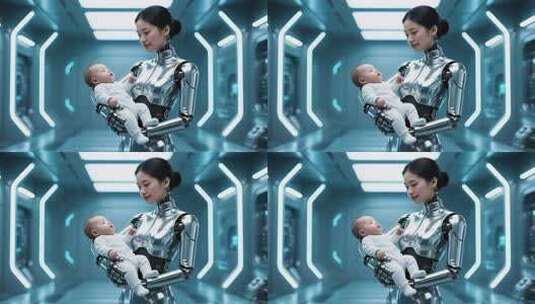 机器人怀抱婴儿的科幻场景高清在线视频素材下载