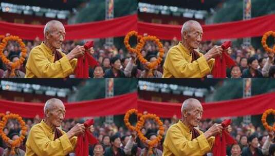 老人寺庙前手持红布场景高清在线视频素材下载