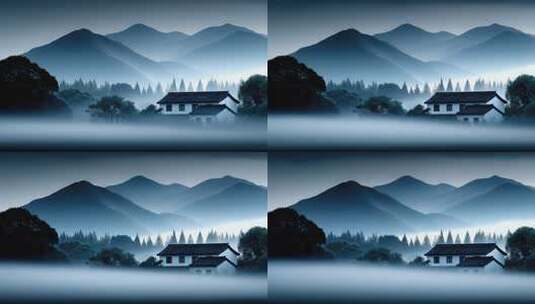 山水雾霭间的中式建筑意境深远高清在线视频素材下载