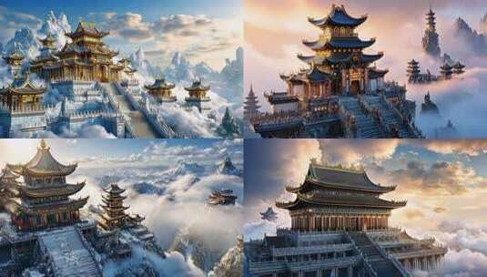古代宫殿天宫幻境云端建筑山巅楼阁金碧辉煌高清在线视频素材下载