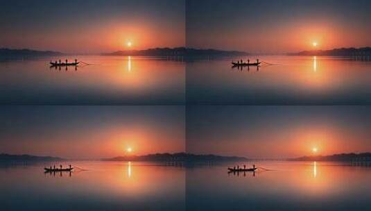 静谧湖面渔船剪影映衬日落余晖高清在线视频素材下载