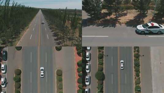 空中视角拍摄公路上的警车高清在线视频素材下载