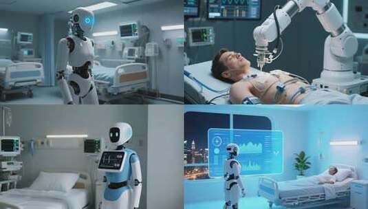 医院病房机器人查看病人状况高清在线视频素材下载