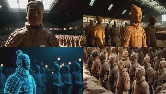 发光线条勾勒的兵马俑素材高清在线视频素材下载