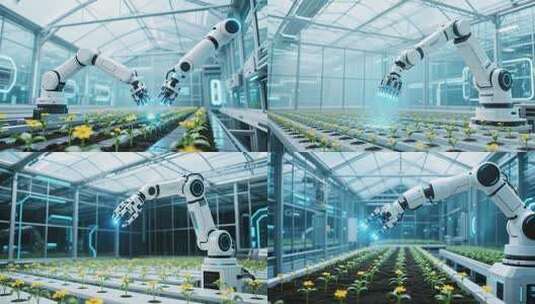 温室大棚内机械臂智能种植高清在线视频素材下载