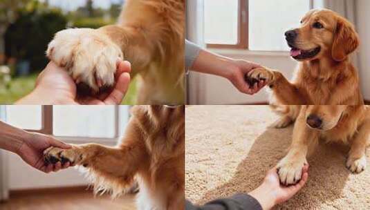 金毛犬握手 人与动物 宠物狗高清在线视频素材下载