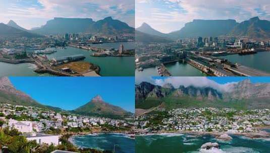 南非 开普敦港口城市标志性建筑航拍高清在线视频素材下载