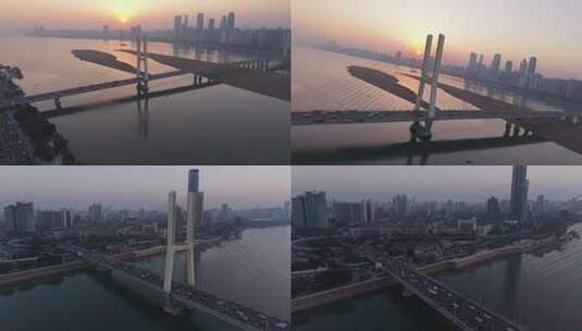 八一大桥航拍夕阳下的城市桥梁高清在线视频素材下载