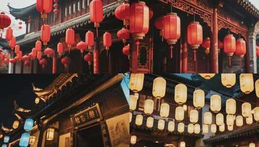 古韵灯笼点亮传统建筑高清在线视频素材下载