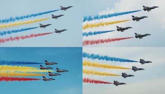 多架战斗机空中拉彩烟飞行高清在线视频素材下载