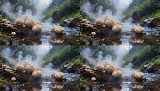 森林中木头上生长的蘑菇高清在线视频素材下载
