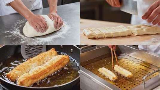 炸油条早餐油条制作油炸食品面食小吃高清在线视频素材下载