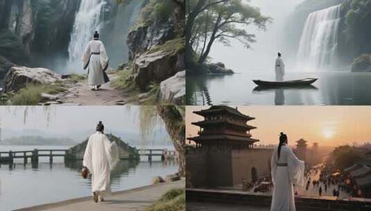 中国风男子诗人古诗吟诗作曲场景高清在线视频素材下载