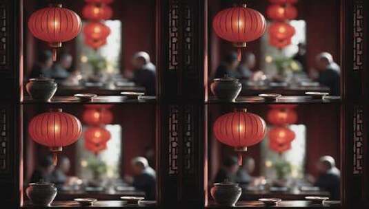 喜庆红灯笼下的中式家庭聚餐温馨场景高清在线视频素材下载