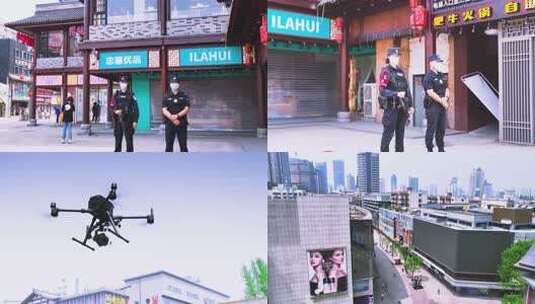 特警无人机商业街巡航高清在线视频素材下载