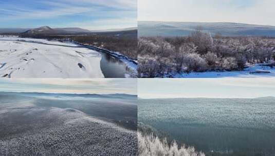 航拍大兴安岭不冻河雪景林海雾凇合集高清在线视频素材下载