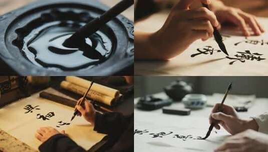 古人油灯下研磨写毛笔字高清在线视频素材下载