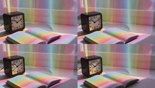 彩色光影下的闹钟与翻开的书高清在线视频素材下载