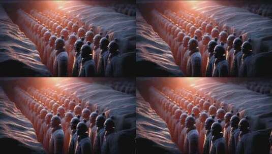 日落光辉下的秦始皇兵马俑军阵高清在线视频素材下载