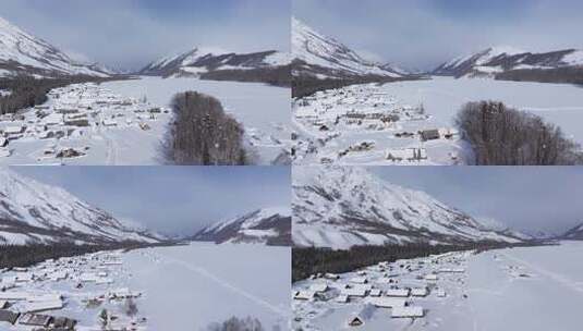 航拍新疆禾木雪景森林雪地小木屋禾木桥雪山高清在线视频素材下载