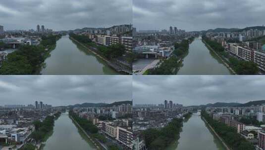 江门老城区航拍江门水道阴天城市建筑风光高清在线视频素材下载